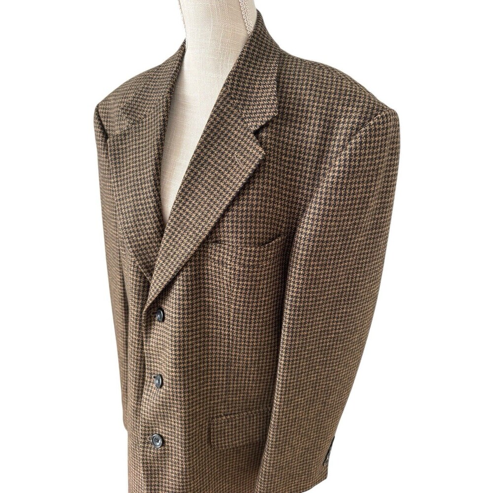Oscar De La Renta 100% Wool Tweed Blazer Jacket Brown Houndstooth Check 42R - Picture 2 of 8